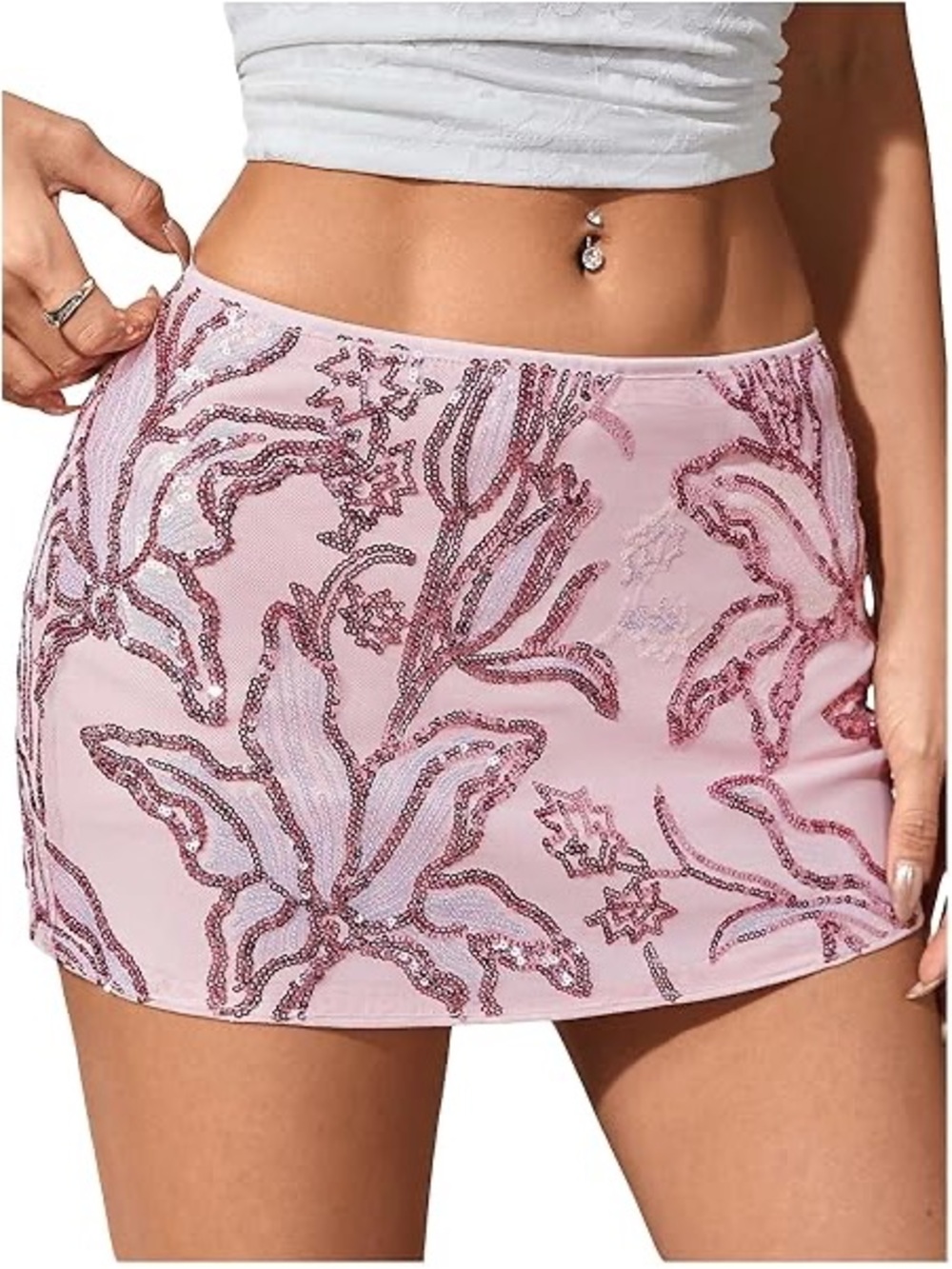 Pink Sequin Floral Mini Skirt - Women